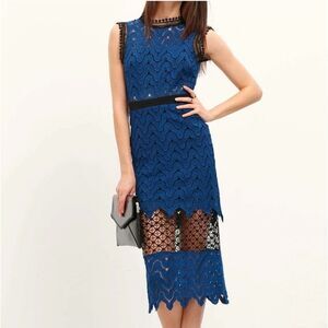 HQMM Blue and Black Scallop Cutout Lace Midi Dress Size Medium